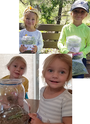 Matilda and Evelyn hold their casita materials (left) and later marvel at Greenie's emergence (right)